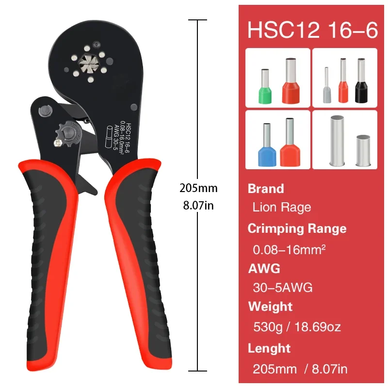 Herramienta de prensado de virola HSC12 16-6, Mini alicates de Terminal Tubular para terminales de gran tamaño, abrazaderas eléctricas de 0,08-16mm2/30-5AWG