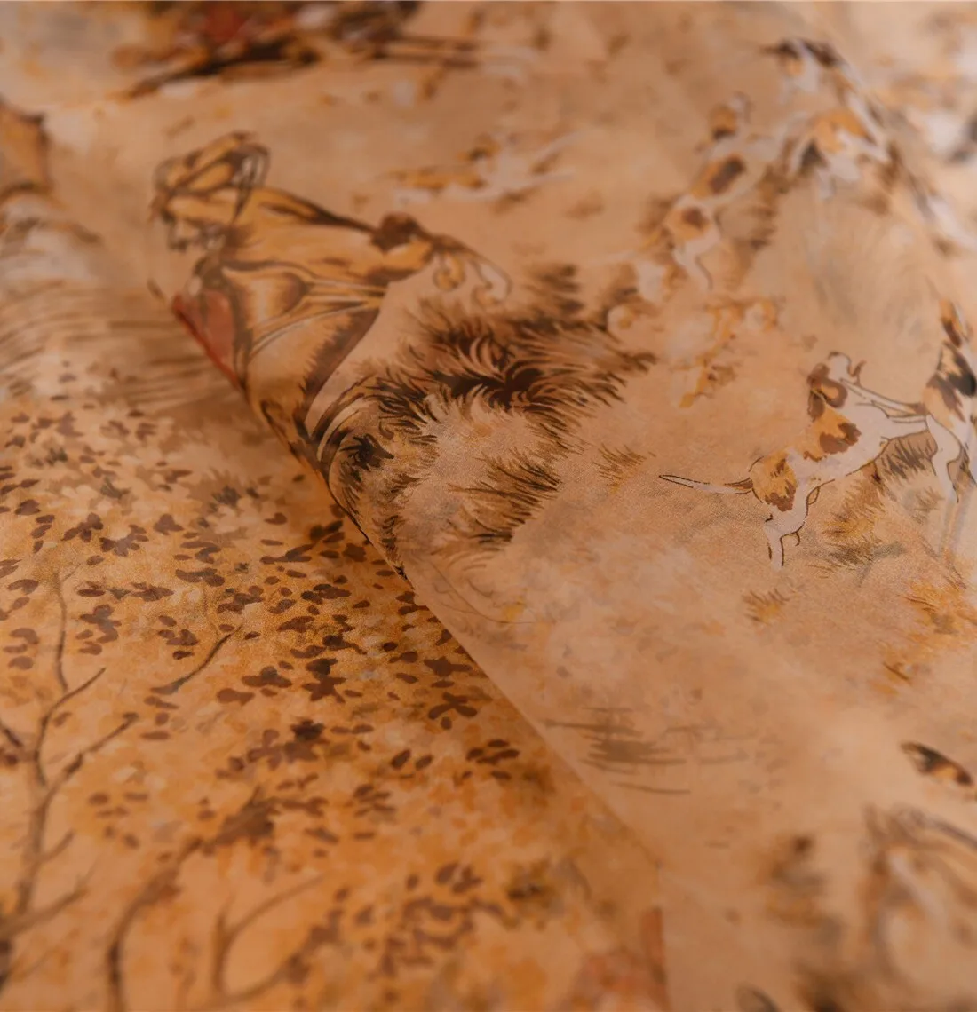 3m Txl Silk Organza Fabric Retro Hunting Oil Painting Print Designer Hazy Atmosphere Forest Diary Dress Material