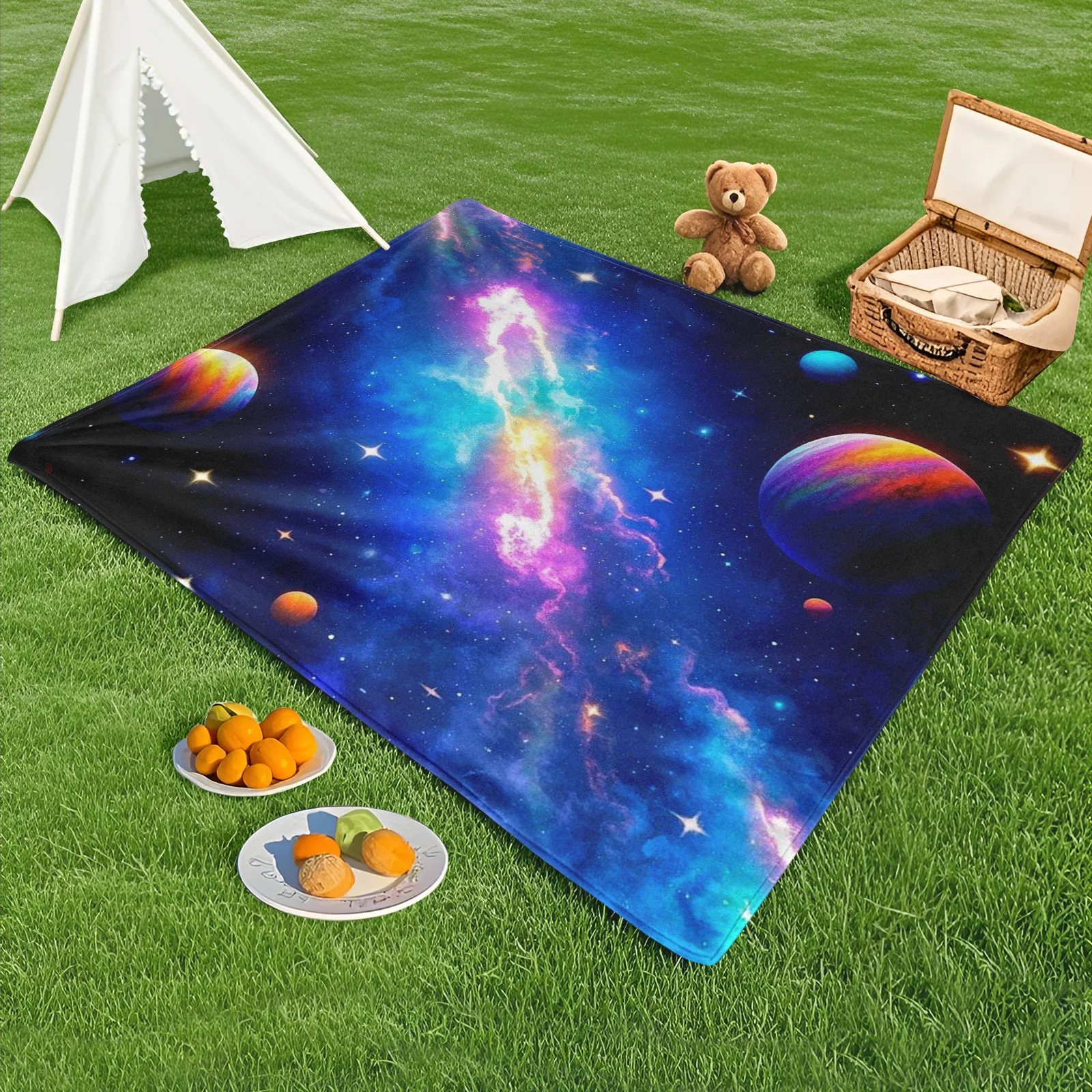 Galaxy And Blue Purple Planet Sci Fi Starry Sky Themed Outdoor Blanket For Nighttime Stargazing And Cosmic Adventure Experiences