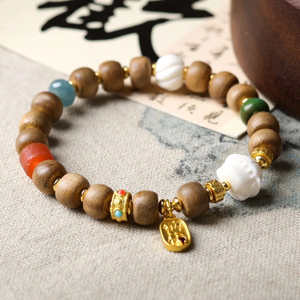 Original Design Aquilaria Agilawood Drum Bead Bracelet With Antler Beads Agate Barrel Bead New Chinese Style Bracelet Gifts