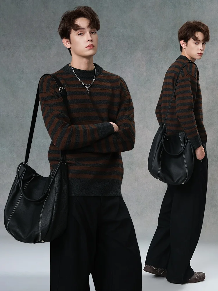 2026 New Men's Leather Bag Large Capacity Relaxed Single Shoulder Crossbody Soft Cowhide Commuter Bag Casual Vertical Square
