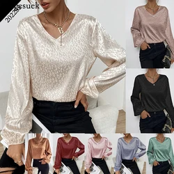 2022 Leopard Printing Chiffon Blouse Office V-Neck Lady Shirts New Spring Long Sleeve Loose Tops Vintage Women's Clothing 19168