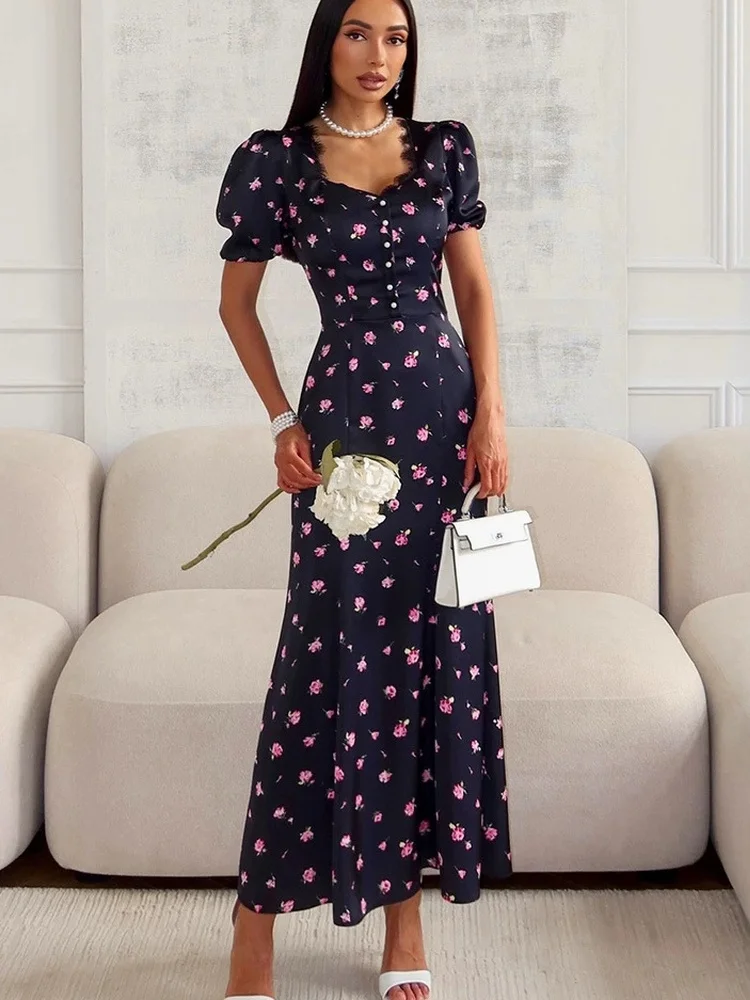 Tossy Blumenmuster Maxikleid Quadratischer Ausschnitt Puffärmel Knopfleiste Vorne A-Linie Sommer Urlaub Alltag Kleine Blumenmuster Empire-Taille Damenkleid