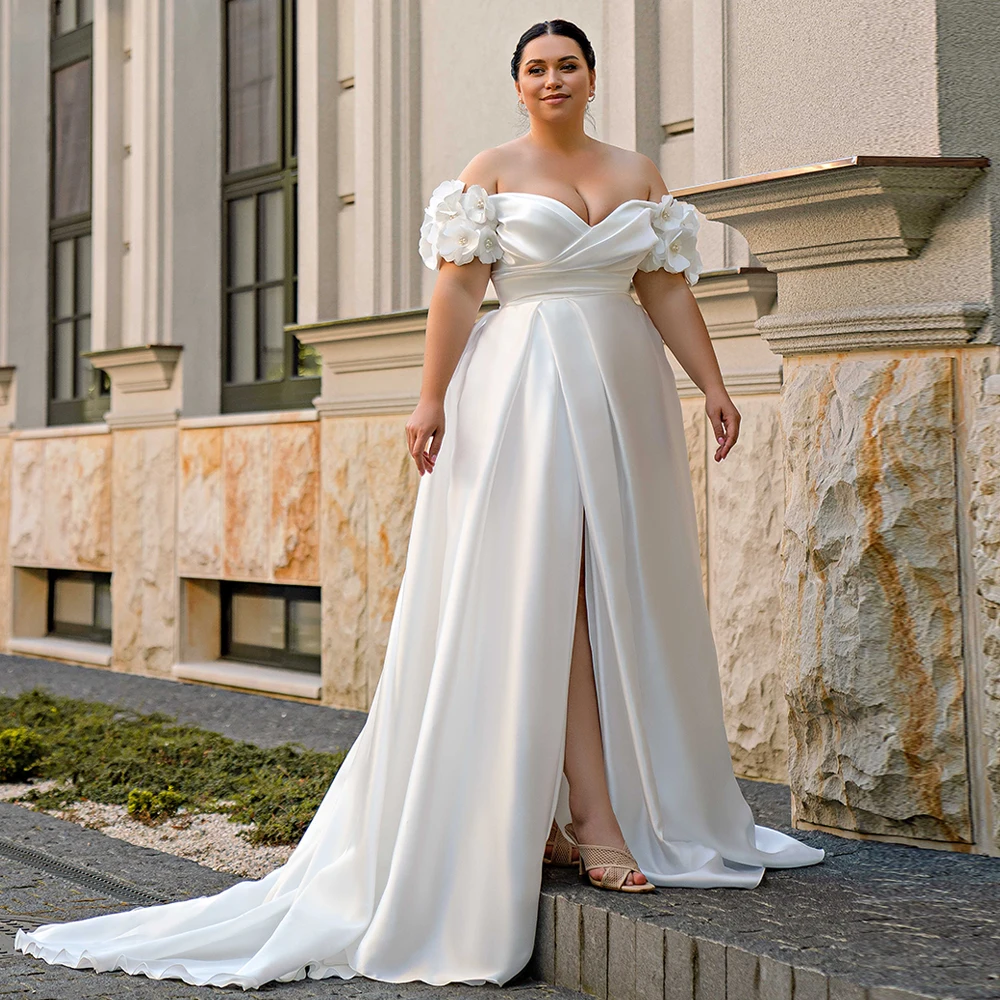 Plus Size Brautkleider große Frauen Brautkleid von der Schulter V-Ausschnitt Perlen Blume Satin eine Linie Korsett Brautkleid