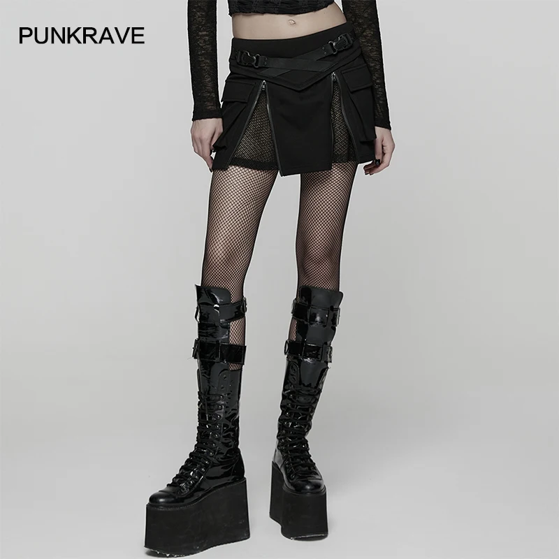 PUNK RAVE Women's Punk Knit & Mesh Techwear Practical 3D Pockets Personalized Short Skirt Back Zipper Club Dark Mini Skirts