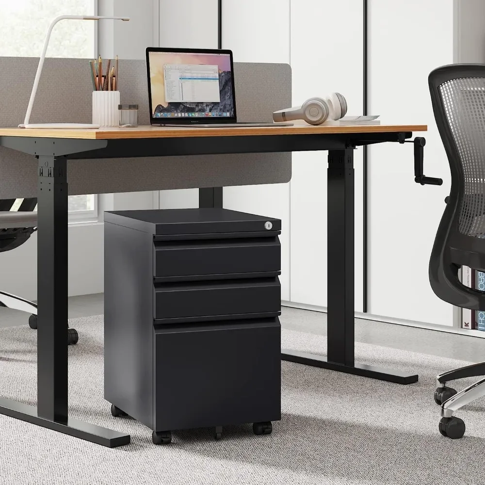 3 drawer mobile file cabinet, under the office desk, fully assembled except for casters, letter/legal size black