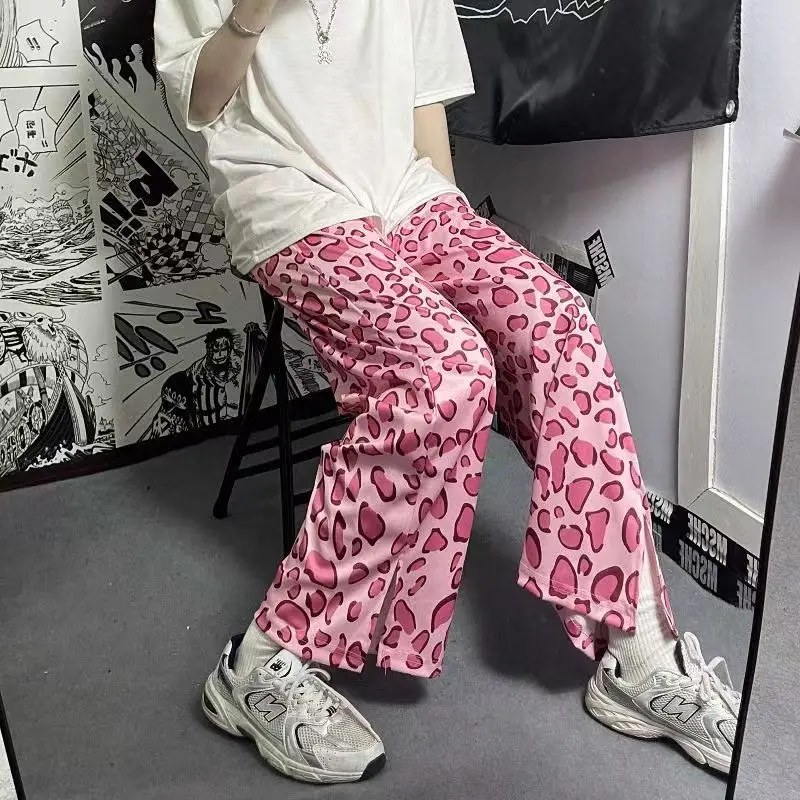 Y2k Women\'s Pants Pink Leopard Print Wide Leg Pants Summer Casual Loose Split Trousers Ins Fashion Trends Women Clothing