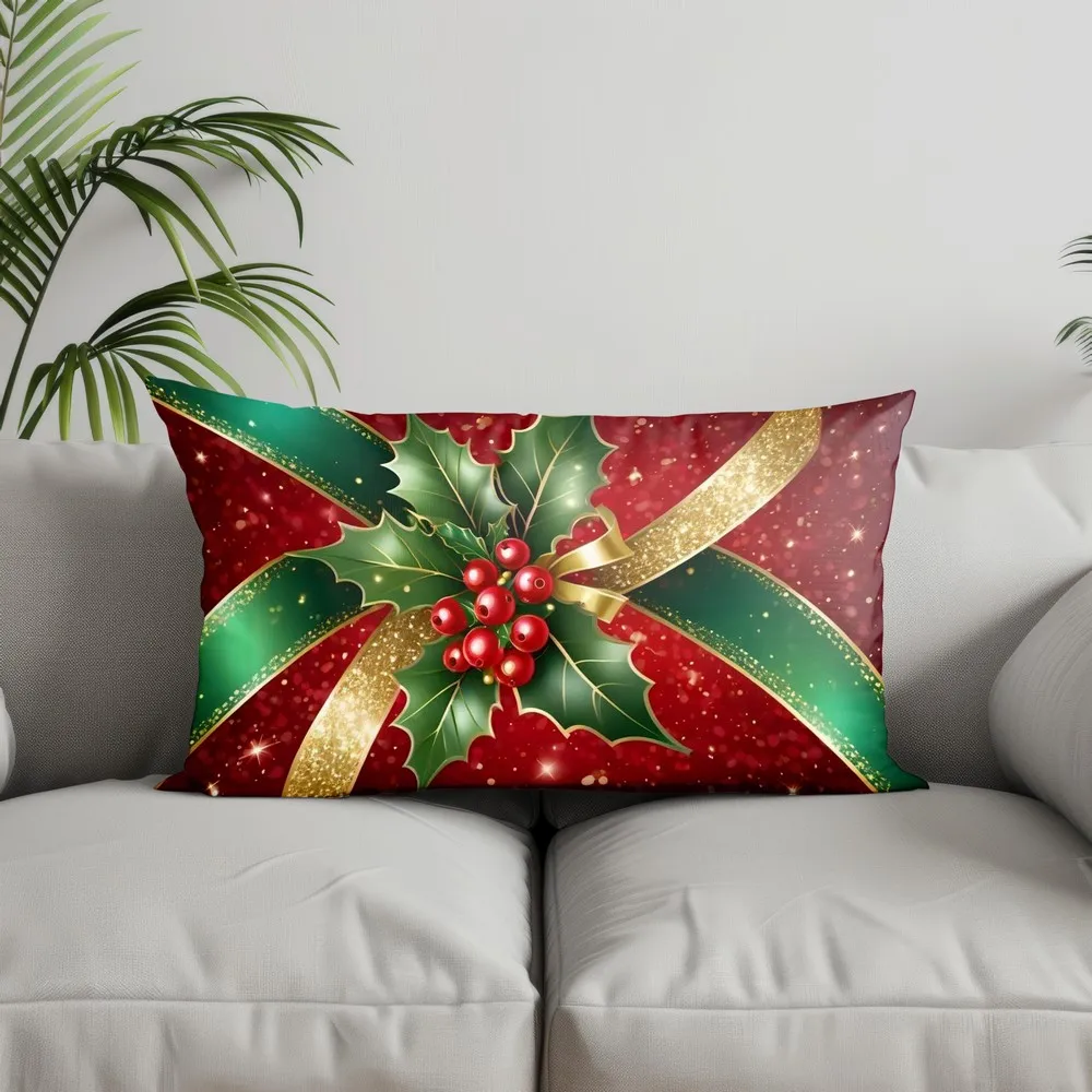 Home Decor Christmas Plaid & Holly Pillow Suitable For Sofa Bedroom Car Pillow Cover Cushion Rectangular Back Cushion