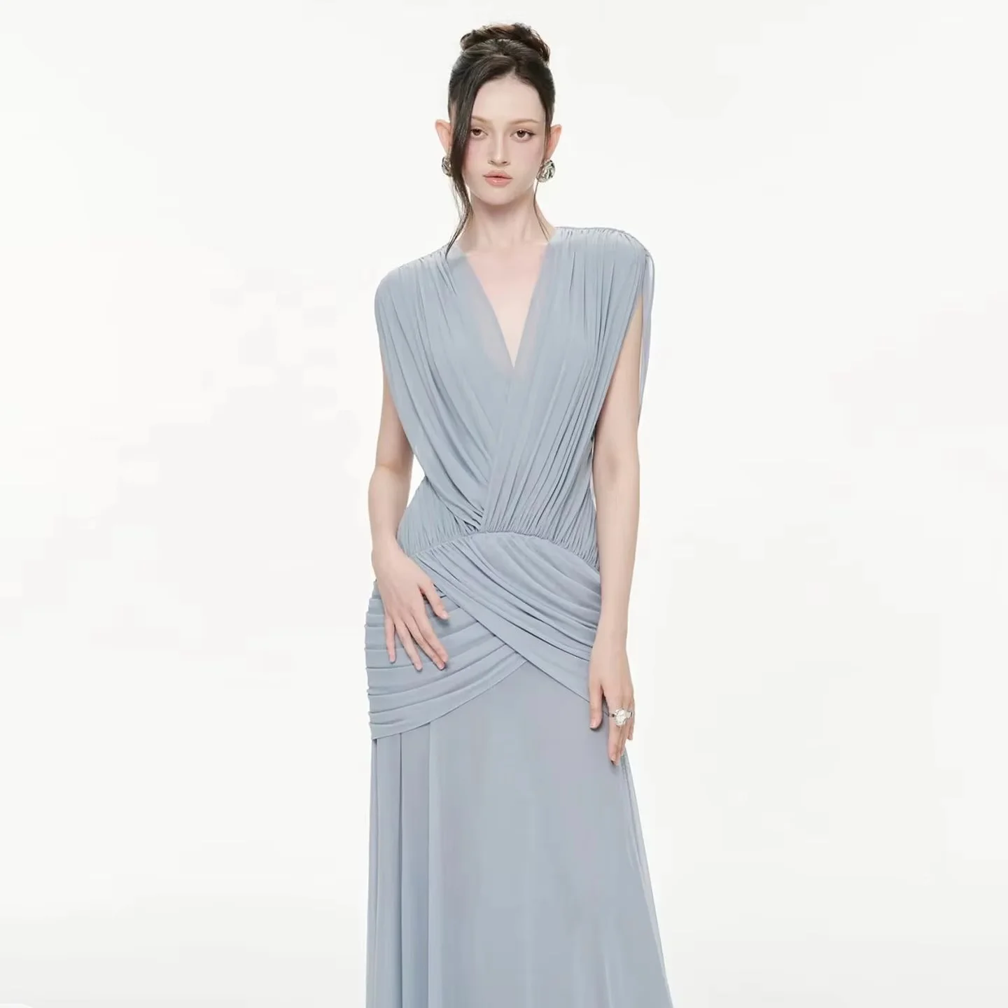 V-neck sleeveless long fitted gown with pleated design to flatter your figure. Simple and elegant. Custom sizes available, perfe