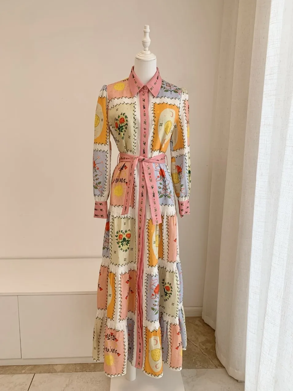 기하학 꽃 프린트 여성 셔츠 가운 싱글 브레스트 턴 다운 칼라 루즈 레이디스 100% 리넨 맥시 드레스