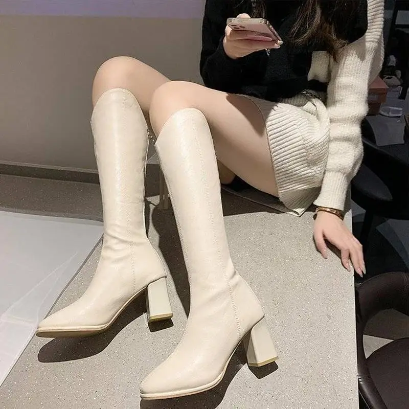 Autumn Winter Ladies Knee High Shaft Shoes Elegant Heeled Square Toe Women's Long Boots Leather Trend 2025 Demi-season Chic Boot