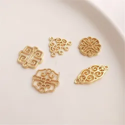 Copper plated real gold color 14K gold pendant hollow flower totem double hanging diy earrings bracelet accessories