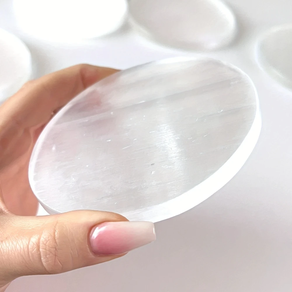 Natural Selenite Round Plate, Selenite Slice, Jewelry Holder, White Gypsum Charging Plate, Home Decor, Holiday Gifts view 6