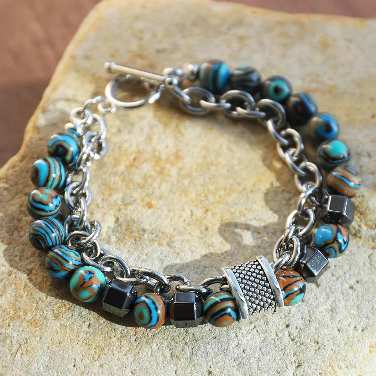 1-Piece Stainless Steel Chain Syn Malachite Men's Beaded Bracelet Double-Layer Wearable Fashionable Versatile Beaded Bracelet