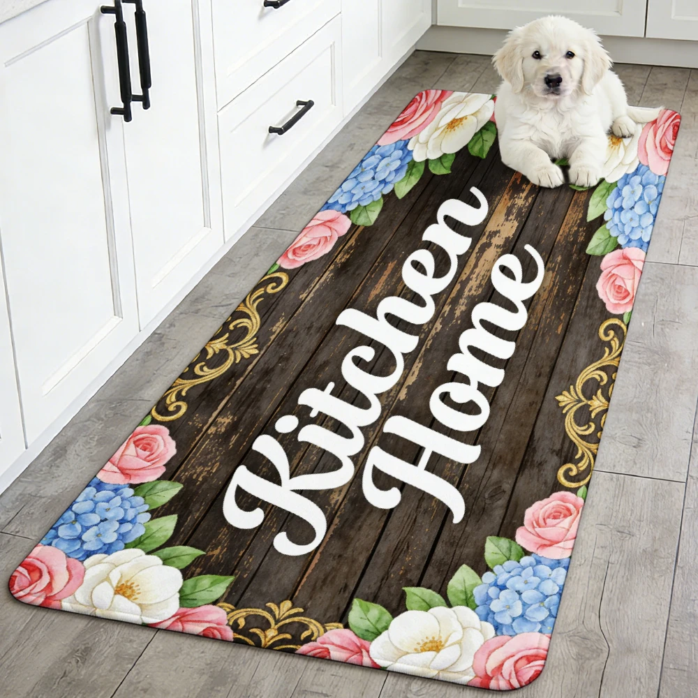 Watercolor Floral Kitchen Home Letter Runner Rug on dark vintage wood plank base, non-slip carpet kitchen aisle entryway floor
