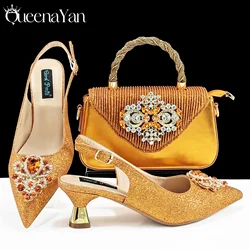 QSGFC Hot Selling INS Pointed-Toe Luxury Style Women High Heels Sandal With Bag Set Orange color Color For Wedding Party