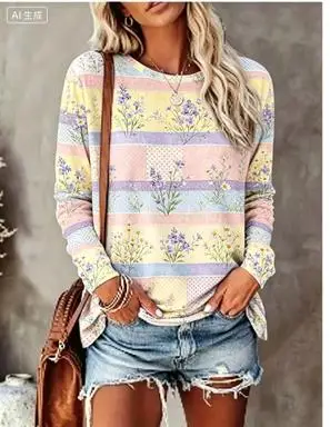 Women Long Sleeve T‑Shirt Pastel Patchwork Hydrangea Floral Print Crew Neck Loose Casual Daily Tops view 3