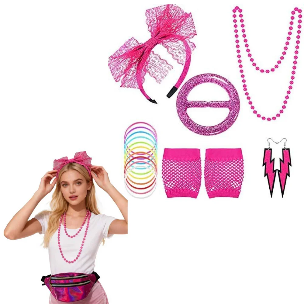 

80s Costume Accessories for Women Lace Headband Earrings Fishnet Gloves Necklace Bracelet for 80s Retro Party