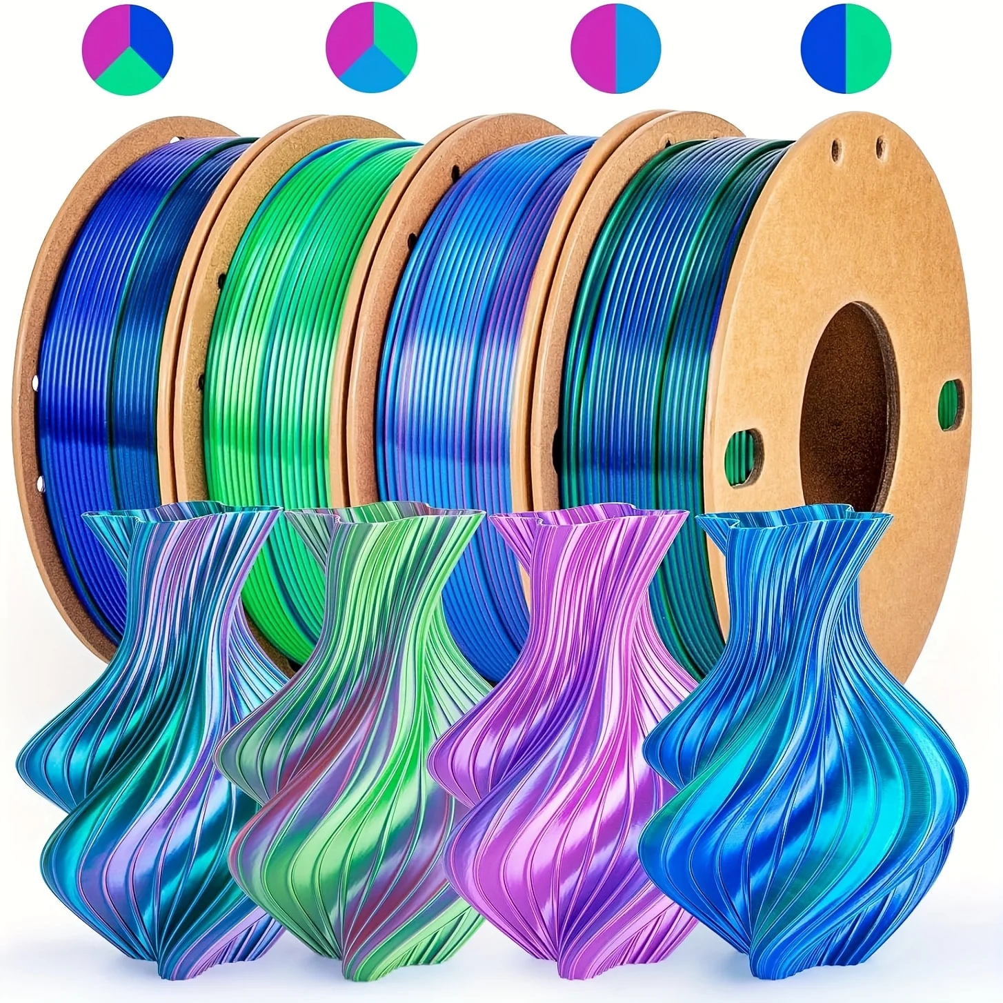 

Комплект нити для 3D-принтера, шелк PLA 1,75 мм, всего 1 кг (4x250 г), объемная точность +/- 0,03 мм