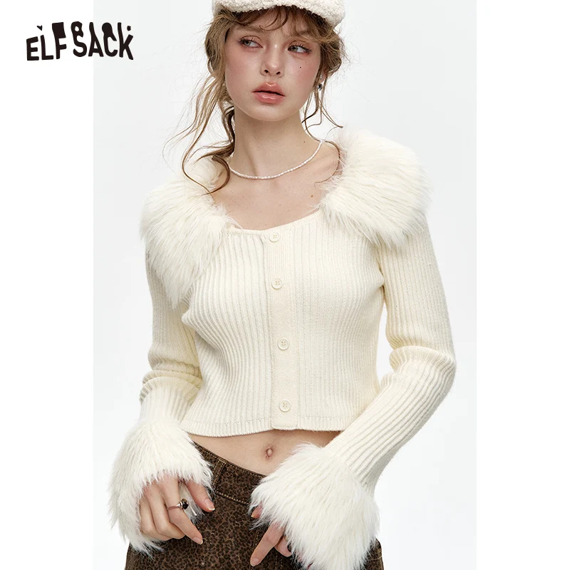 

ELFSACK 2024 Winter New Arrivals Faux Plush Stitching White Short Knitted Pullover Women