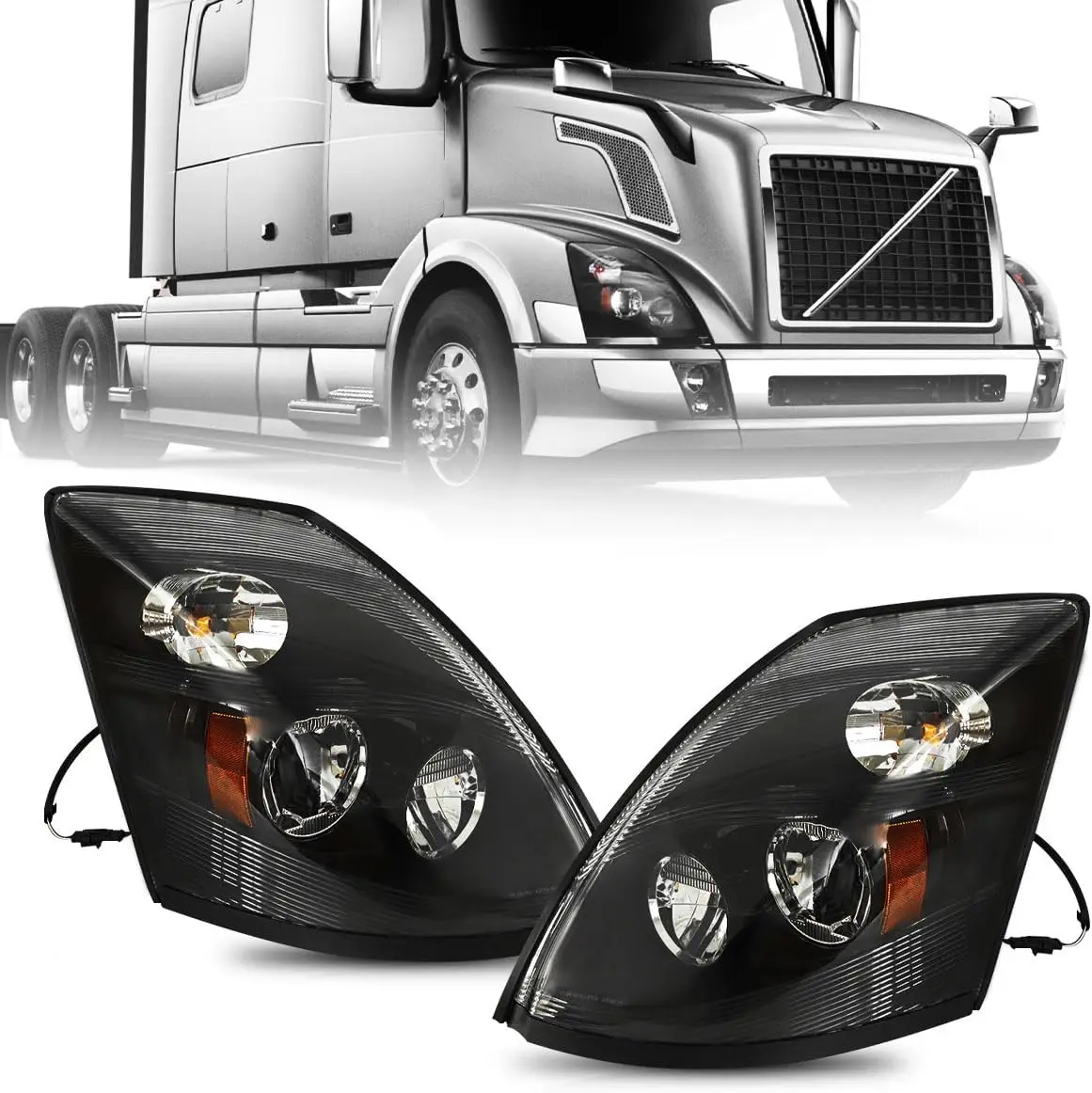 LED Headlight Assembly with Black Reflective Housing for 2015-2017 VNL Semi Truck, Replacement Set Left and Right Sides (Driver
