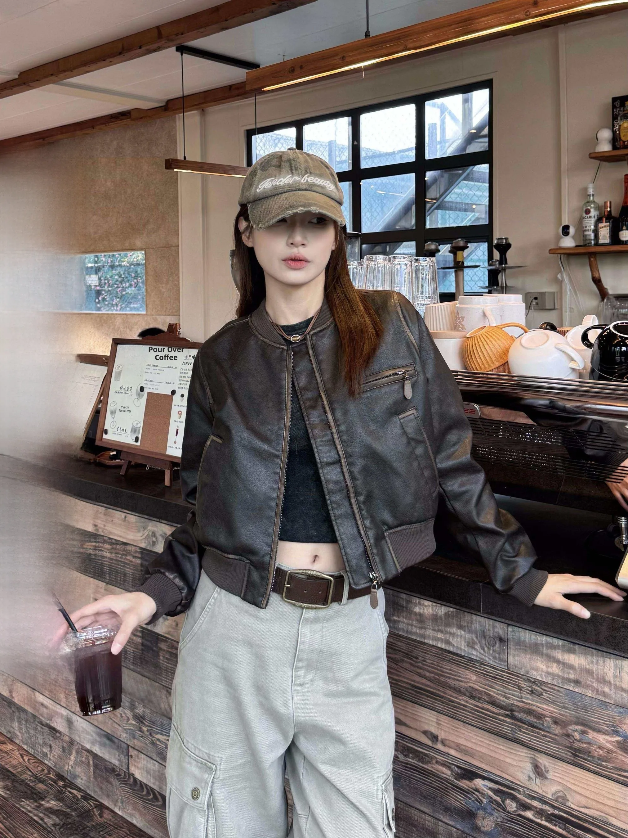 

XFX American Retro ort Loose Leather Jaet Women's Casual Motorcycle Sle Top Trendy Streetwear Zipper Closure Long Sve