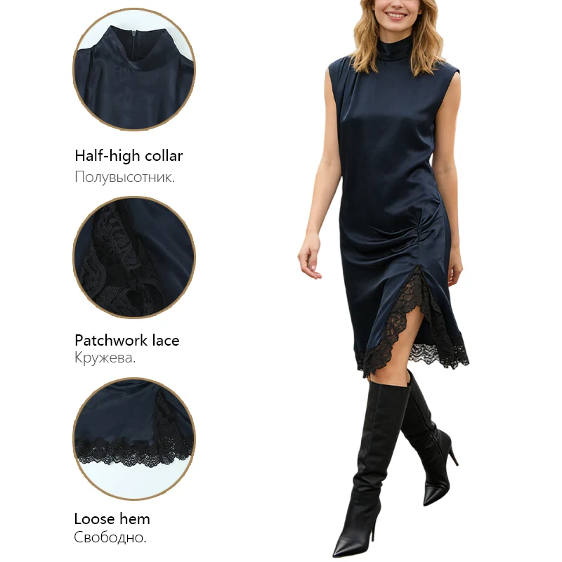 ชุดเดรสผู้หญิง ชุดเดรสผ้าซาตินหรูหราสำหรับผู้หญิง คอสูง แขนกุด แต่งระบายลูกไม้ที่ชายกระโปรง เหมาะสำหรับฤดูใบไม้ร่วง ฤดูหนาว ใส่ทำงานและออกเดท