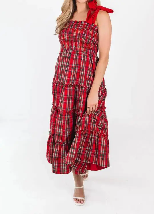 GuliriFei Women's Tie-Shoulder Dress Stylish Plaid Ruffled Trim Smocked Sleeveless Long A-Line Dress