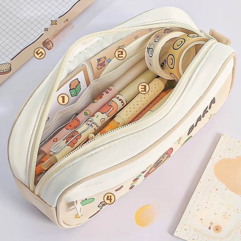 Pen Bag Double Strand Color Matching Cute Style Large Capacity Portable and Multi Layered Stationery Bag