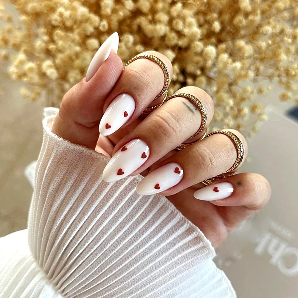 

24Pcs Mid-length White Round Head Press on False Nails with Love Heart Design Full Cover Nail Tip for Woman Datachable Fake Nail