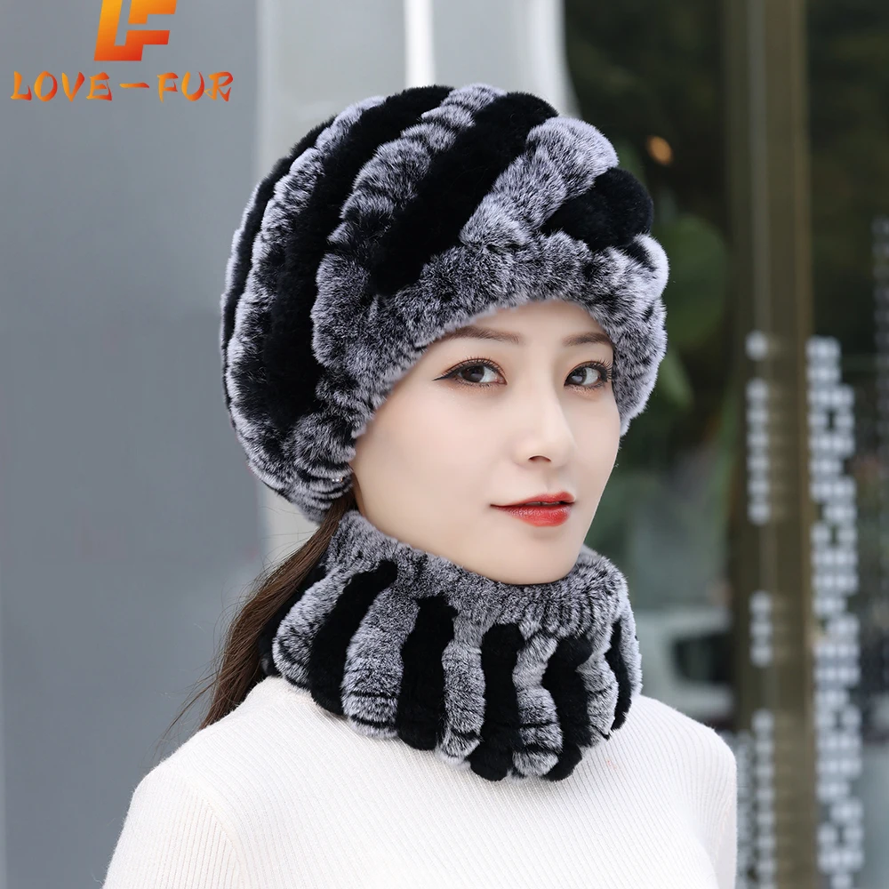 

2025 Women Real Rex Rabbit Fur Hat Scarf Sets Natural Warm Rex Rabbit Fur Scarves Hat Winter Lady Real Rex Rabbit Fur Hat Scarf