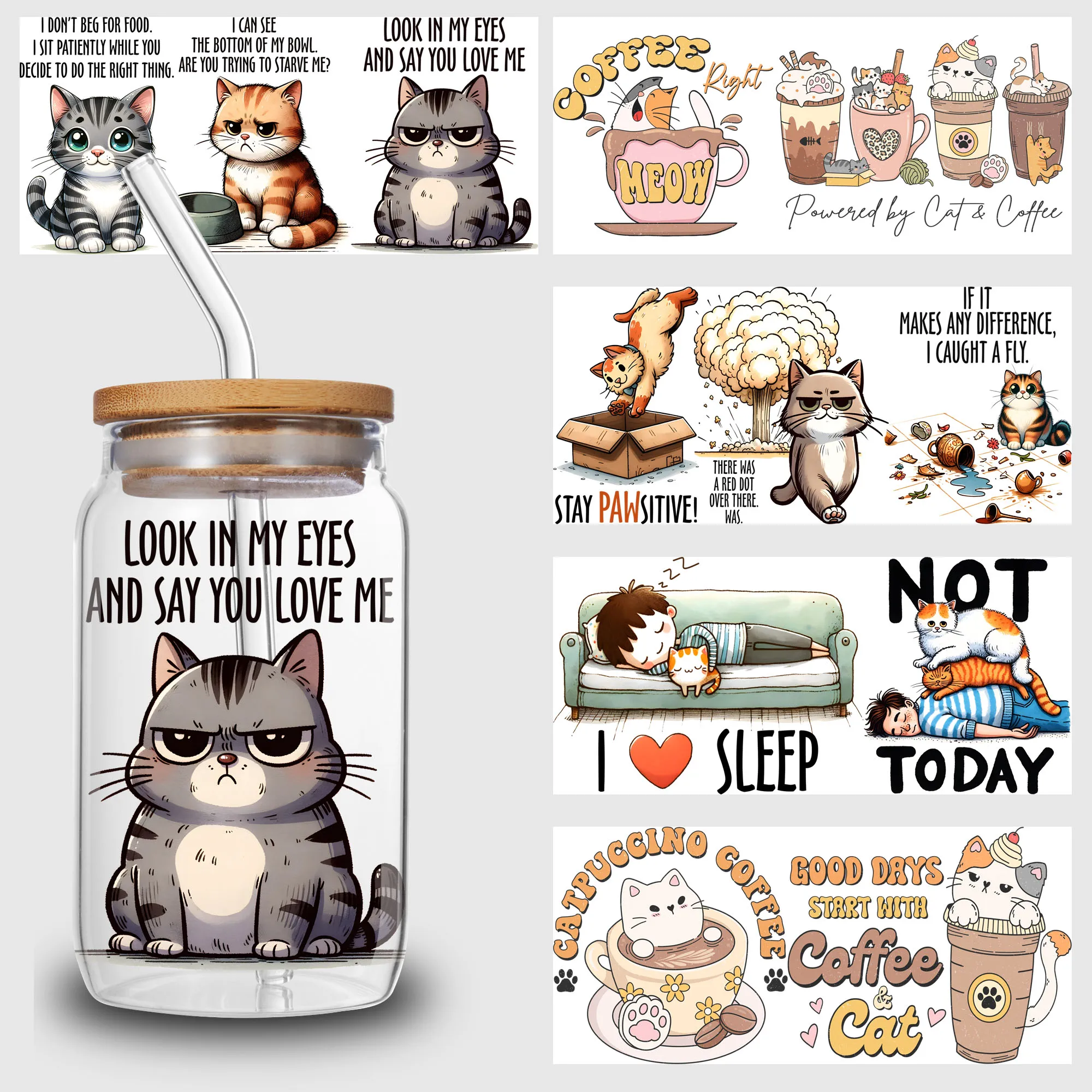 5 fogli Cat UV DTF Cup Wrap,Sport DTF Transfer Stickers per tazza di vetro, impermeabile divertente animale strofinare sui trasferimenti per 16