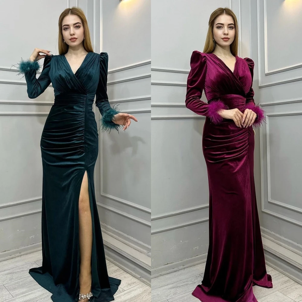 

Customized Exquisite Fashion V-neck A-line Formal Ocassion Gown Feathers Shirred Draped Floor length Charmeuse Evening Dresses 2