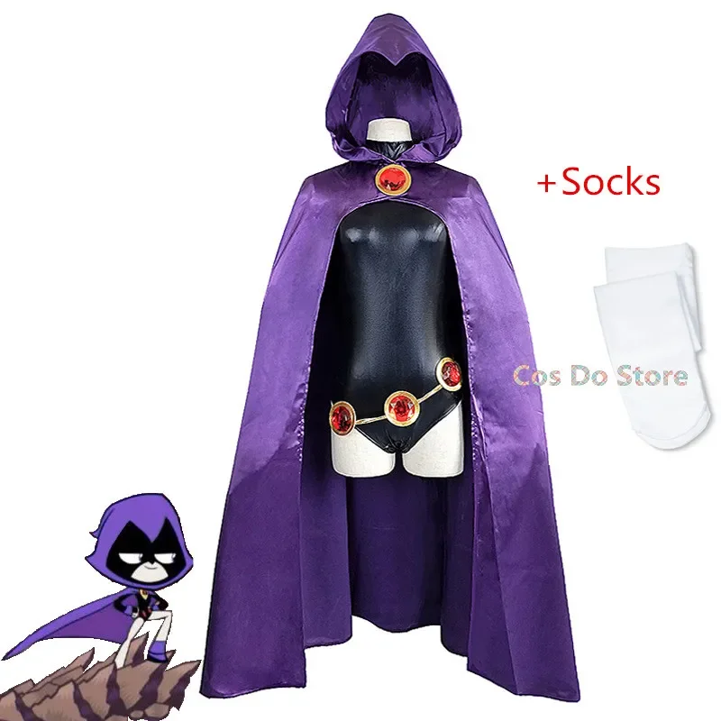 Disfraz de Cosplay de Teen Titans Raven, monos con capa de superhéroe, Zentai, juego de Anime para Halloween, conjuntos de actuación OI9765