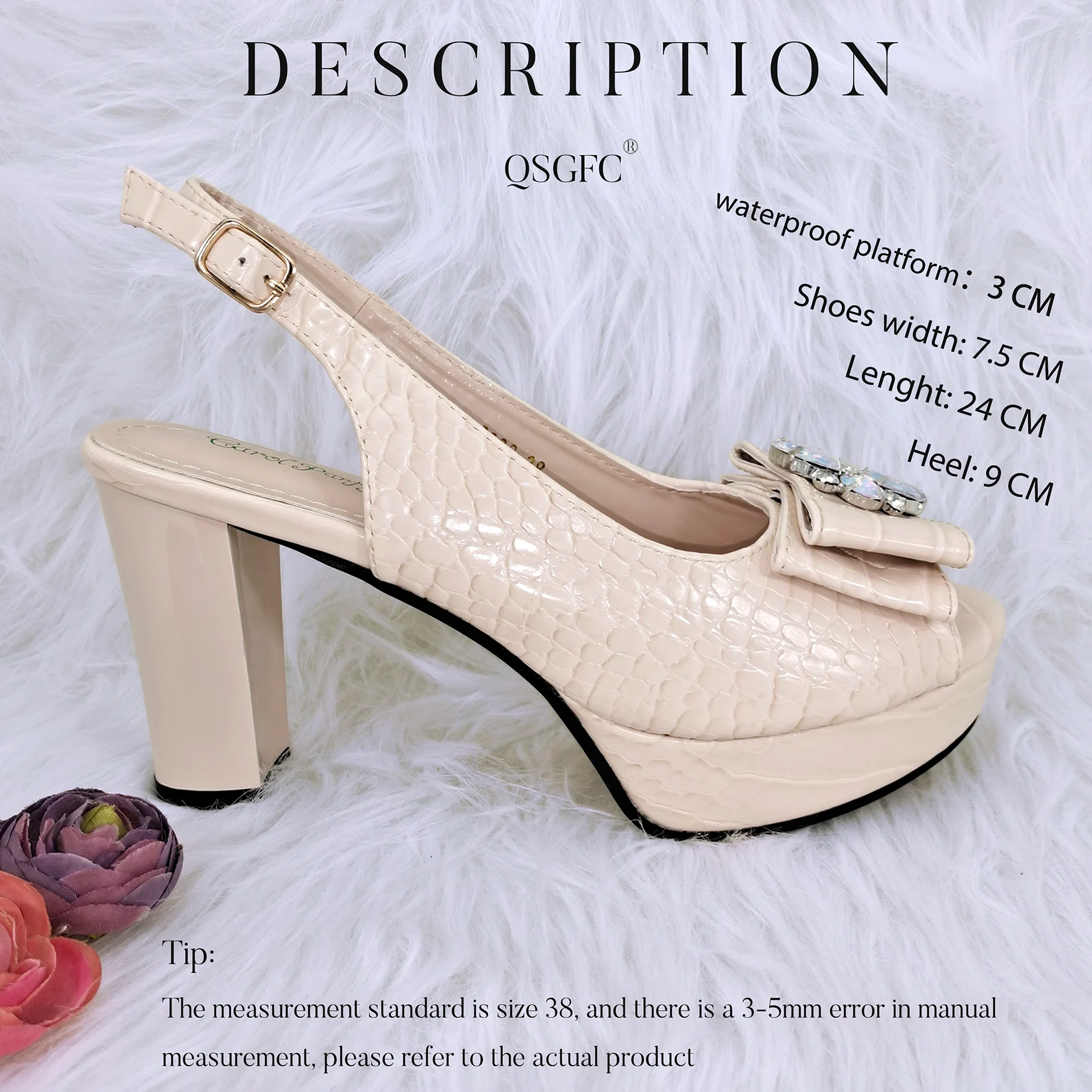 QSGFC New Arrival Beige Color High Heels Crystal Decoration Style Mature Wedding Party Women Shoes and Bag with platform