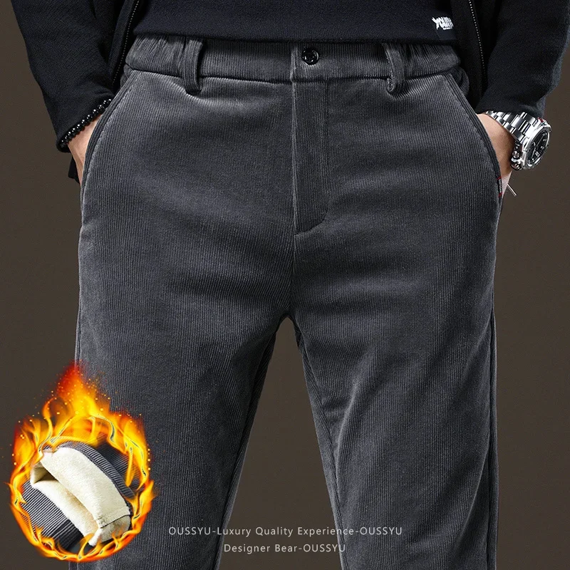 2026 Winter Thicked Fleece Warm Men's Corduroy Pants Outdoors Business Flocking Plush Grey Brown Black Korean Casual Trousers