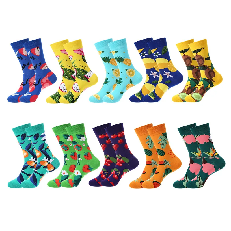 Fashion Weather Fruit Leaf Oil Painting Series Men's Mid tube Tidal Socks Tidal Brand Spring and Autumn Cotton Socks