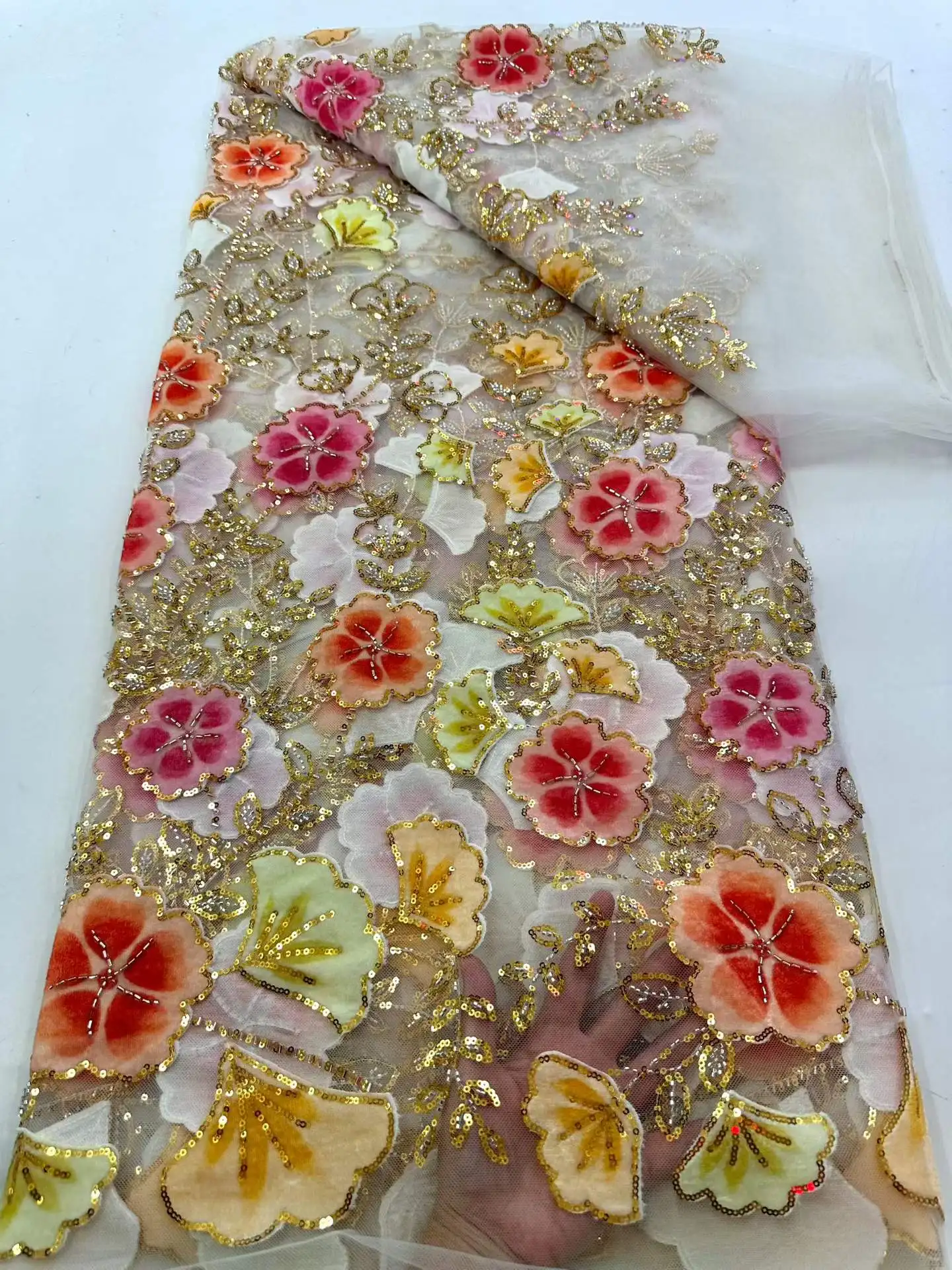 

African French Tulle Sequins Beaded Lace 5 Yards Nigerian Embroidered Fabric for Ladies Party Wedding Dresses Sewing