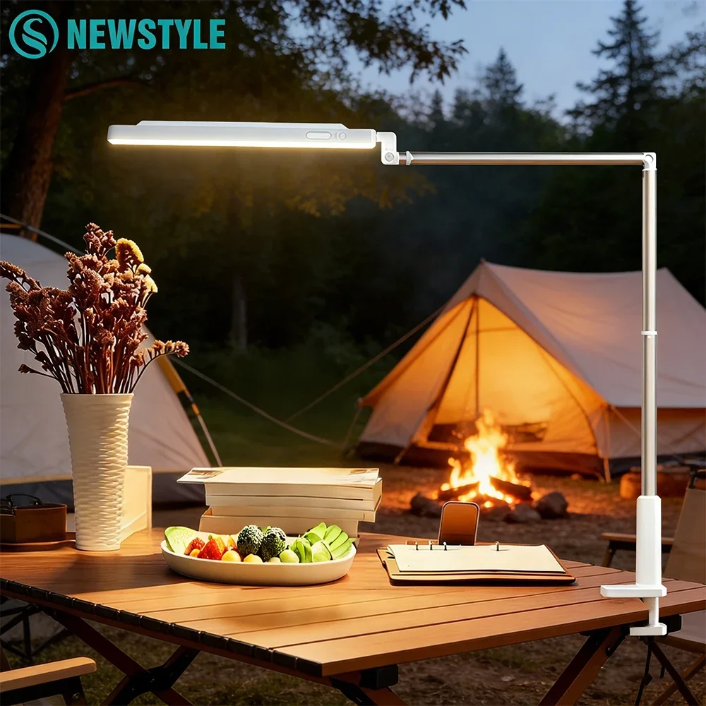 

Светодиодная настольная лампа с креплением на прищепке, аккумулятором 3600 мАч, складным поворотным кронштейном, плавной регулировкой яркости, Ra80, для защиты глаз, для кемпинга