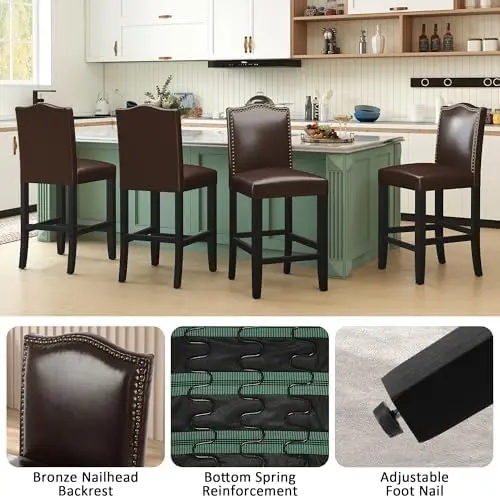 Counter Height Bar Stools Set of 2, Brown PU Upholstered, Bronze Nail Backrest, Solid Wood Legs