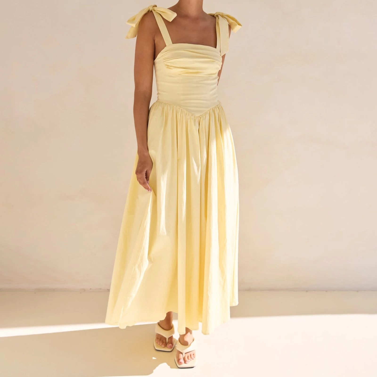 Abito da donna con spalline con cravatta tinta unita Abito lungo con scollo quadrato increspato per vacanze al mare Festa estiva Abbigliamento quotidiano Streetwear