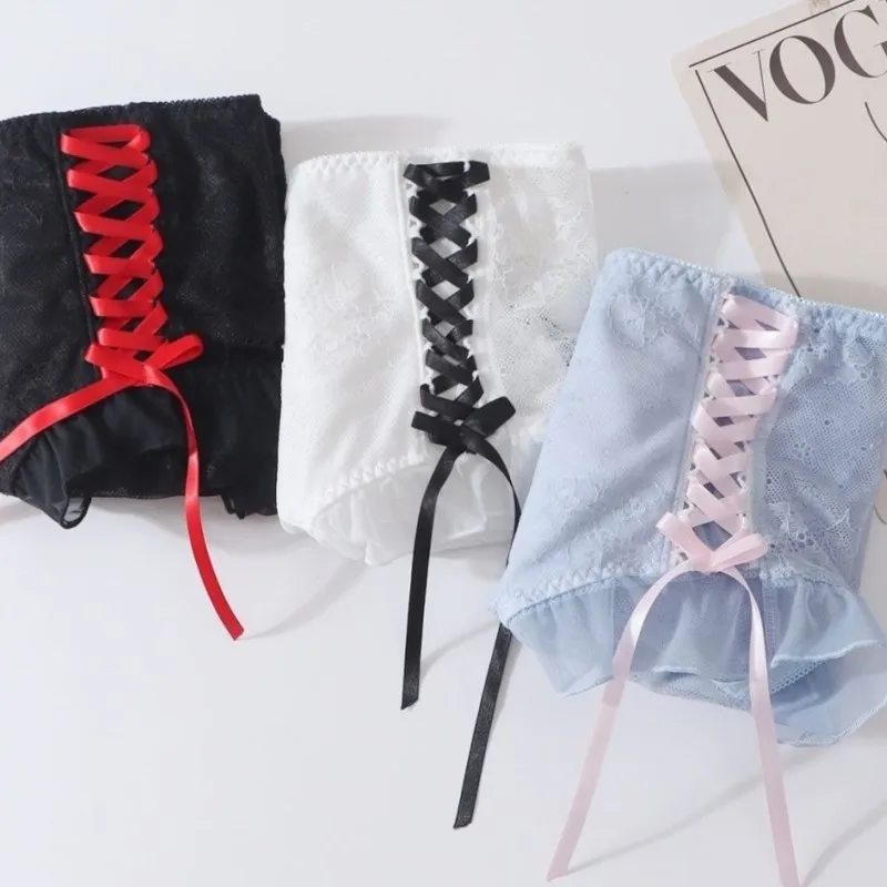 Man's Lace Boyshort Convex Pouch Panties Sissy Side Crisscross Ribbon Bow Decor Ruffle Hem Sweet Lolita Style Underwear