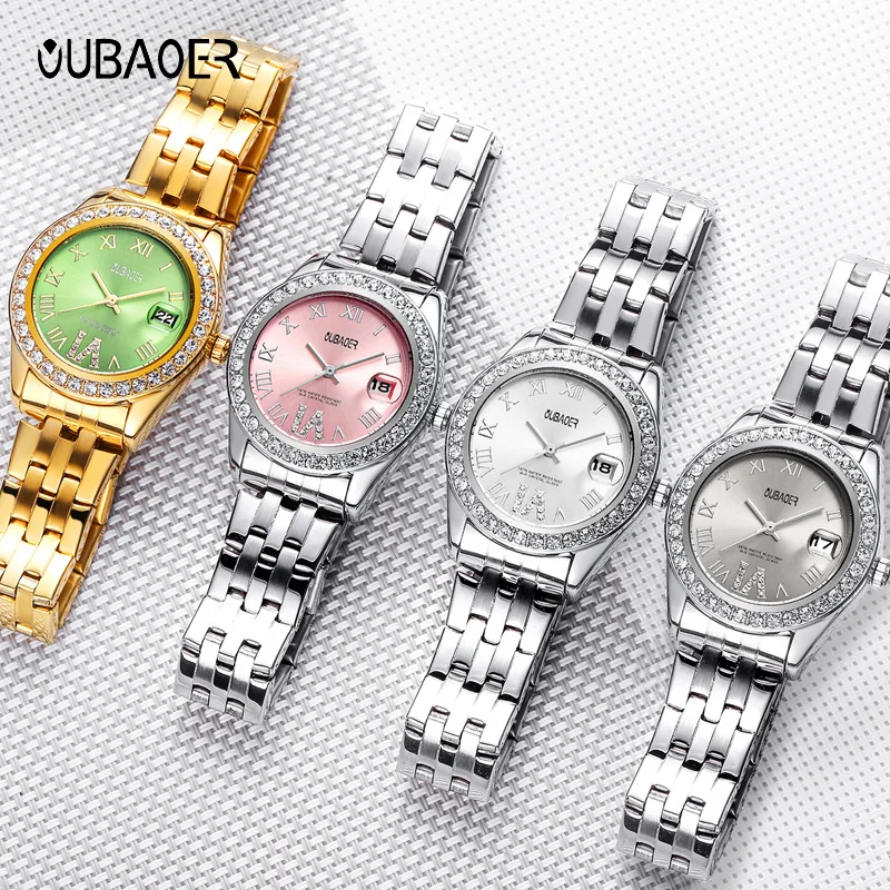 Oubaoer Origineel Merk Dameshorloge Top Luxe Horloge Mode Quartz Horloge Diamant Set Armband Oude Romeinse Digitale Wijzerplaat