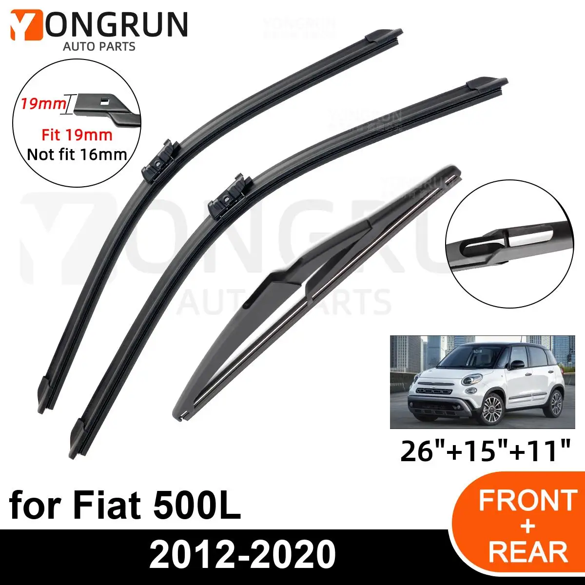 3PCS Car Wiper for Fiat 500L 2012-2020 Front Rear Windshield Four Seasons durable Accessories 2012 2013 2020