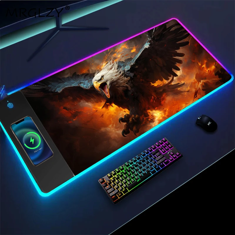 

Mouse Pad Wireless Charging Large Computer Mat Eagle Burning Pc Accessories Led Gaming Mats Desk Pads Setup Gamer Decoration