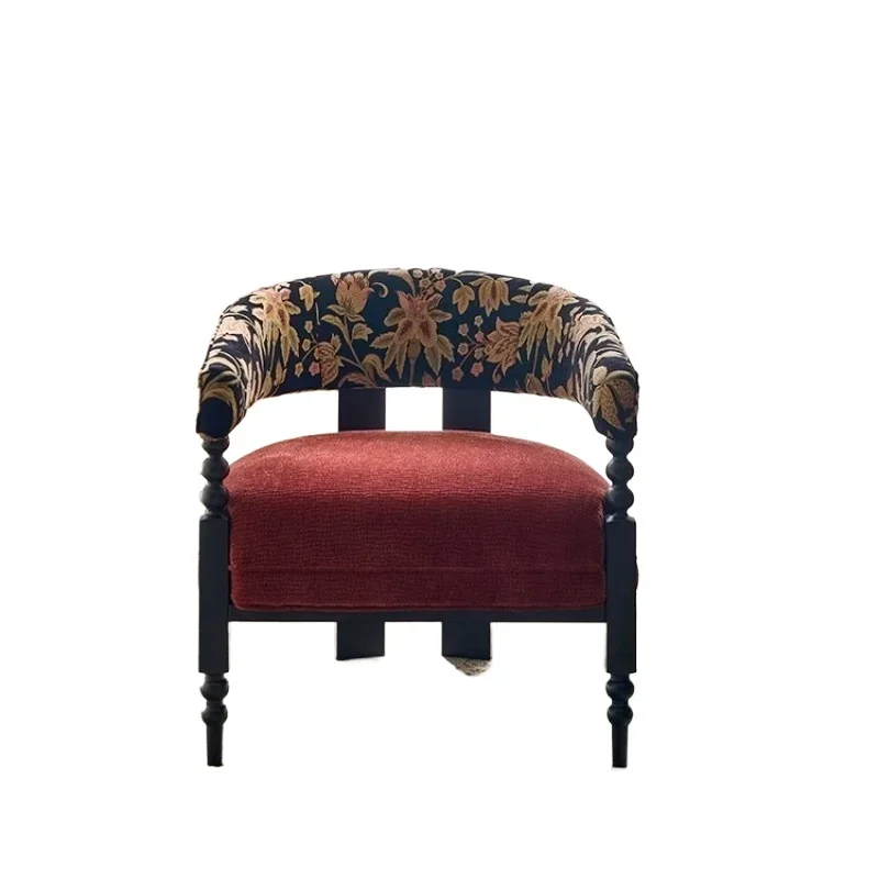 

French retro solid wood leisure chair, small household fabric sofa chair