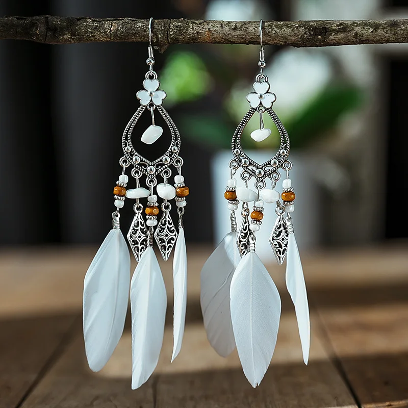 Bohemian Vintage Lange Weiße Feder Ohrringe für Frauen Ethnische Temperament Gold Farbe Kette Quaste Ohrringe Boho Hochzeit Schmuck – Detail 24