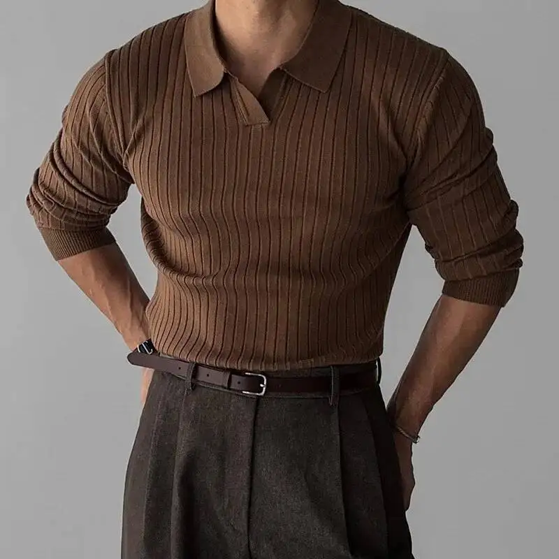 Men's Fashion Luxury V-Neck Knitted Jacquard Polo Shirt Solid Color Long-Sleeved Korean Popular