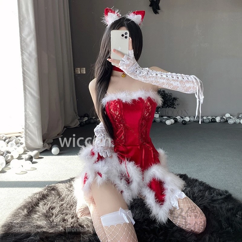 أنيمي عيد الميلاد زي الهالوين التأثيري Kawaii خادمة فستان لوليتا النساء الفتيات كرنفال فستان سهرة بدلة حمراء عباءة قبعة جديد