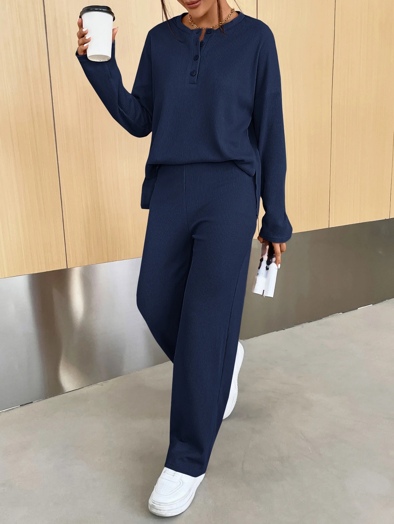 Women\'s Fall 2024 Round Collar Solid Blue Color Hoodie Set Long Sleeved Sweatshirt Casual Female\'s Sports Pants Two Piece Sets